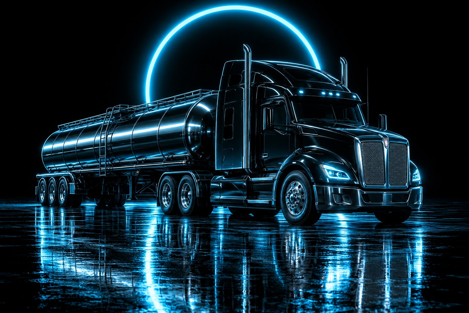 X3 HazMat: a black tanker under a ring of cyan light on a wet black floor
