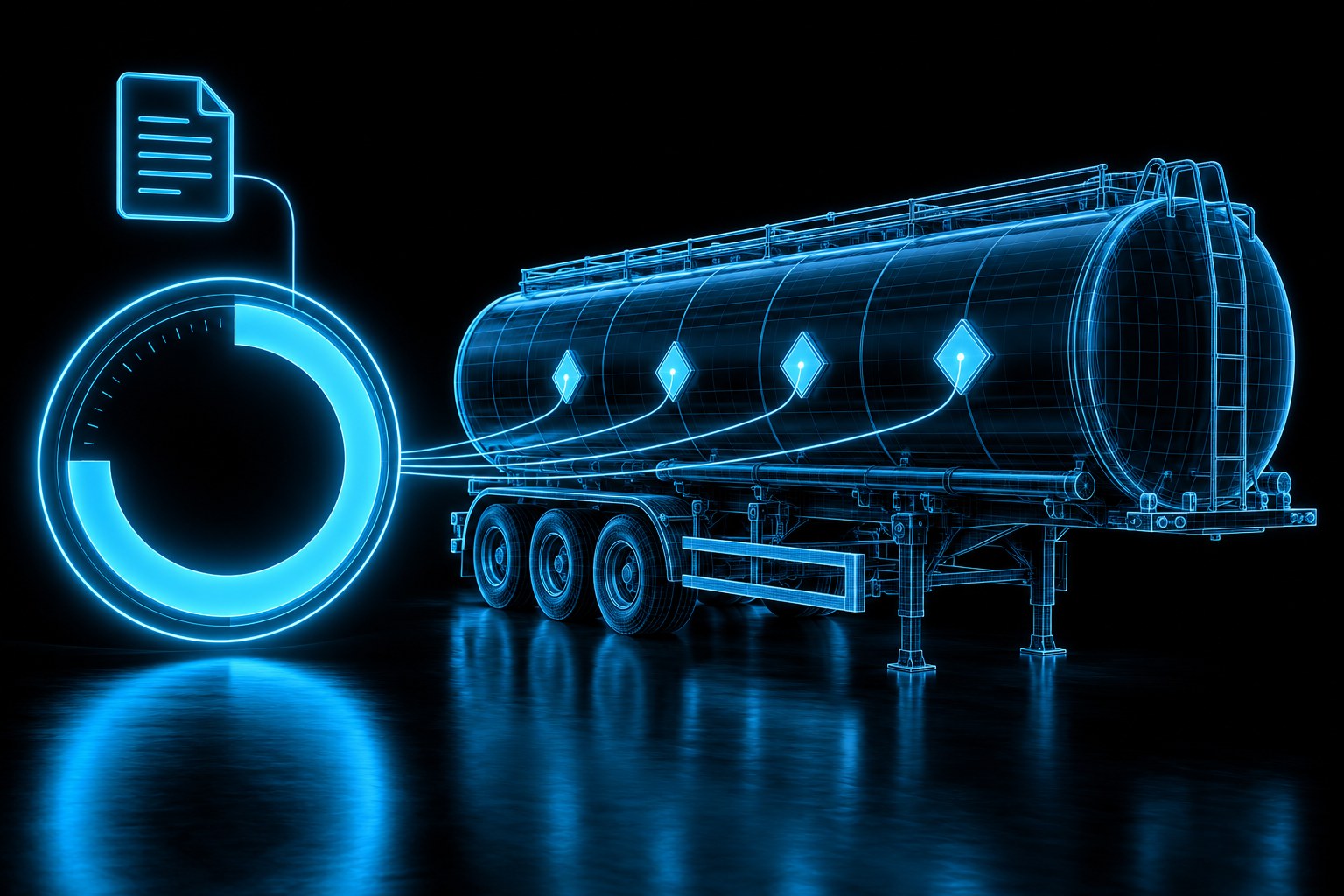 X3 shipment intelligence: a tanker trailer drawn in cyan light with placard diamonds and paper icons feeding one readiness ring