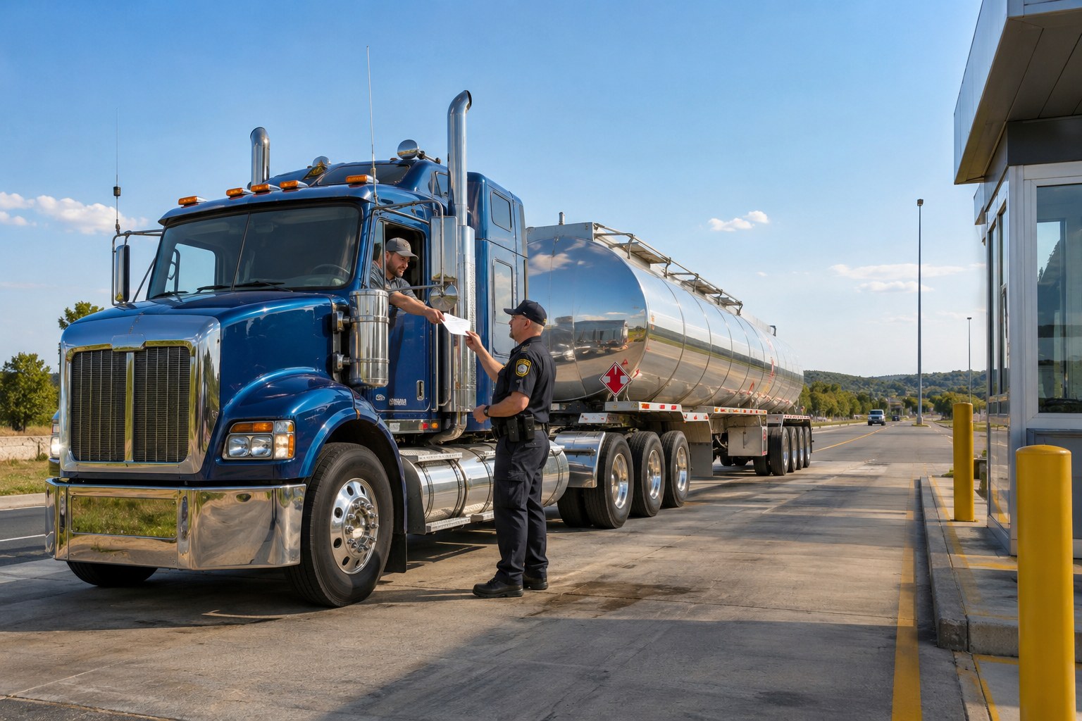 Driver handing a complete shipping paper to an inspector beside a correctly placarded tanker on a clear afternoon, both relaxed