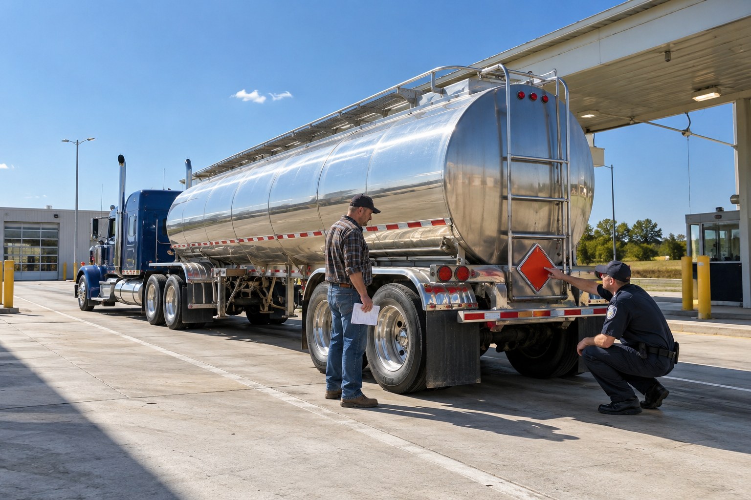 State inspector checking the placard on a tanker trailer at a bright inspection station, driver standing by with the papers