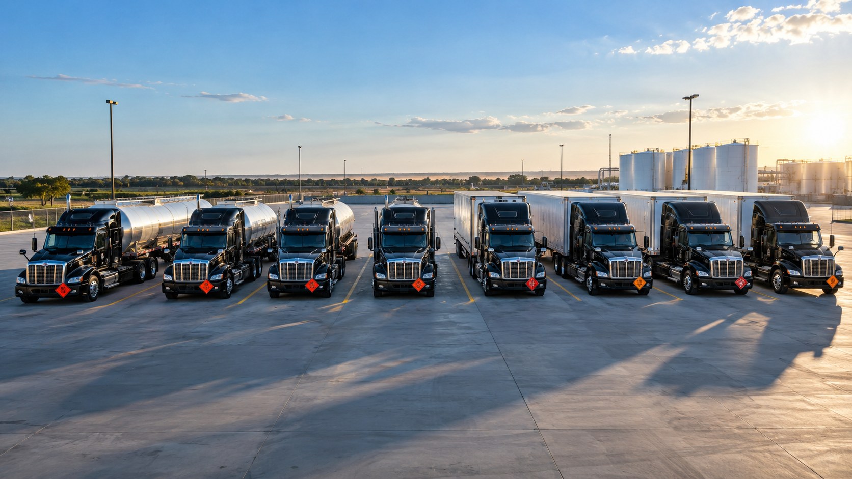 Row of placarded tankers and box trailers lined up in a bright terminal yard, ready for dispatch