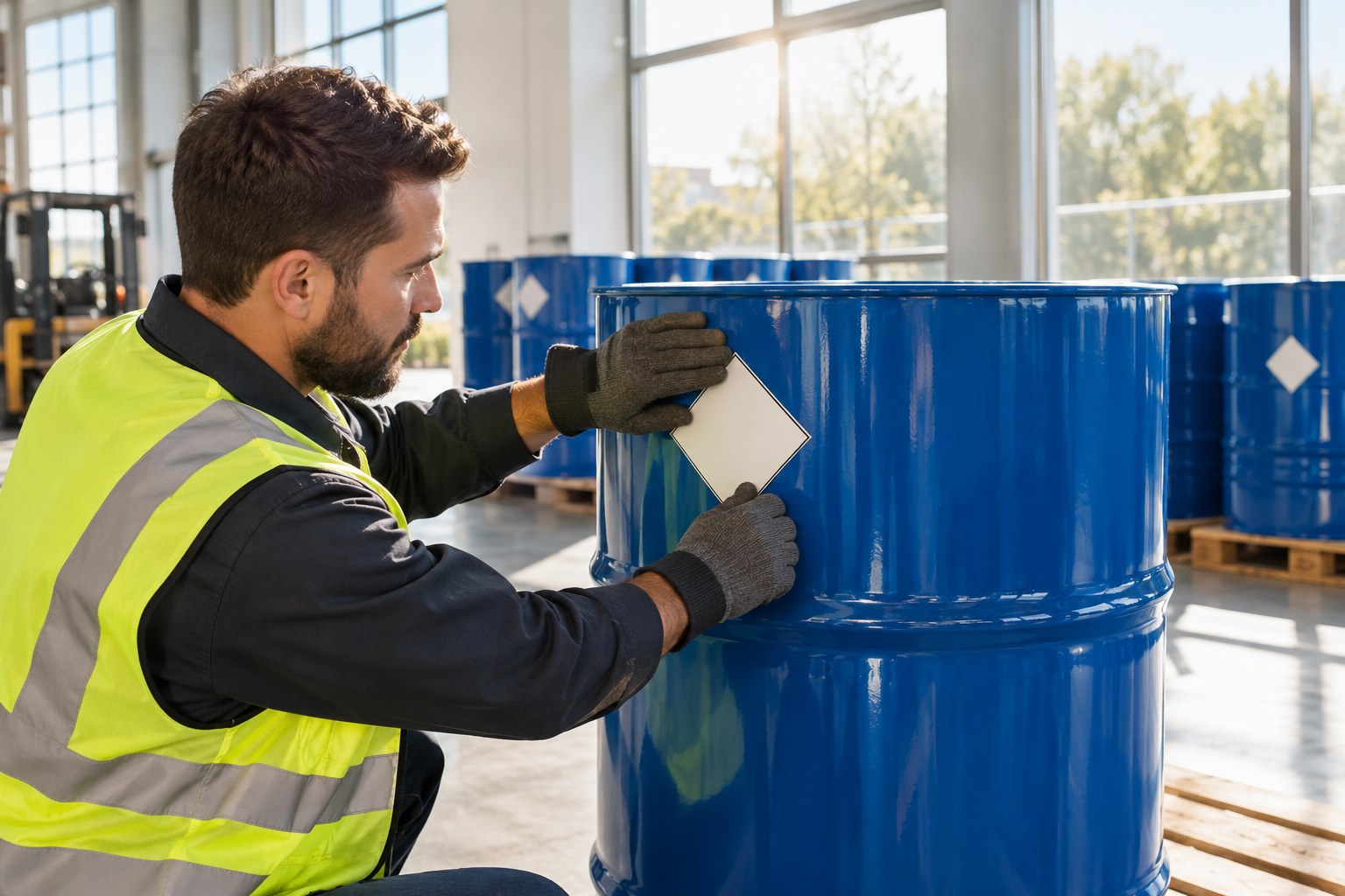Warehouse worker applying a hazard label to a UN-spec drum in a bright, clean shipping area