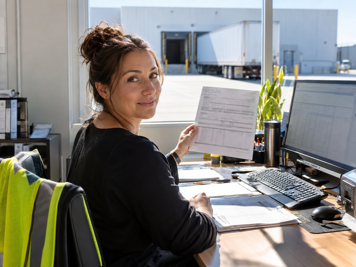 Shipping clerk at a bright dock office desk checking a printed shipping paper against the placarded trailer outside the window